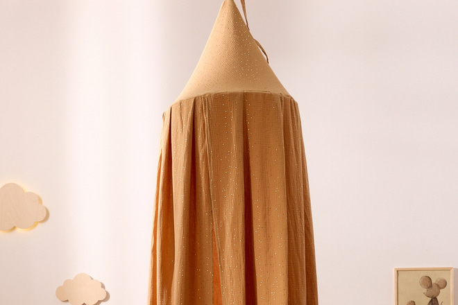 Ochre Cotton Muslin Canopy with Gold Dots