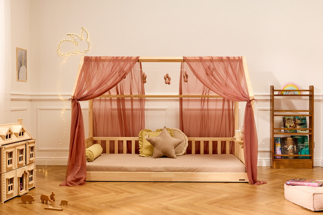 Toile de Lit Cabane en Tulle Vieux Rose - Modèle L