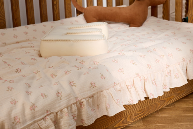 Housse de Couette et Oreiller 140x200 Mousseline de Coton à Volants - Fleurs Vintage