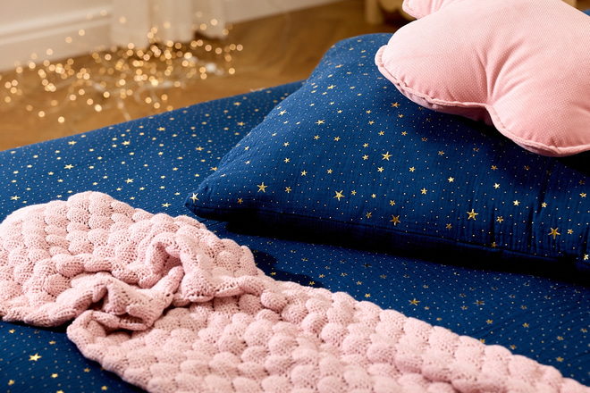 Cotton Muslin 120x170 Duvet & Pillow Set With Filling - Marine Blue & Gold Stars