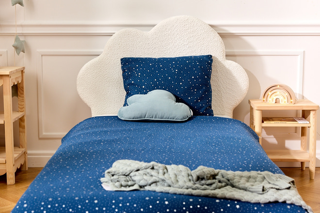 Conjunto de edredão e almofada em musselina de algodão 120x170 com enchimento - Azul marinho estrelas prateadas