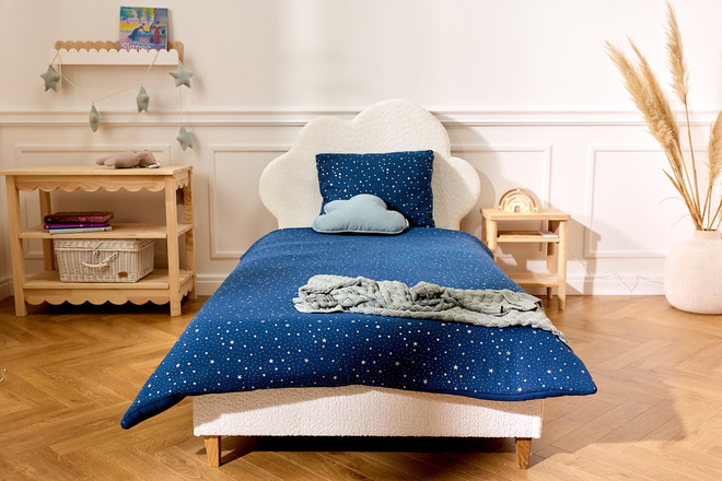 Conjunto de edredão e almofada em musselina de algodão 120x170 com enchimento - Azul marinho estrelas prateadas