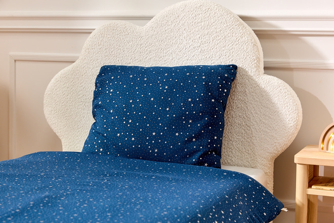 Conjunto de edredão e almofada em musselina de algodão 120x170 com enchimento - Azul marinho estrelas prateadas