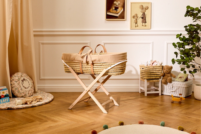 Couffin Paloma Anses Cuir avec Matelas, Parure et Support Fixe - Set Complet