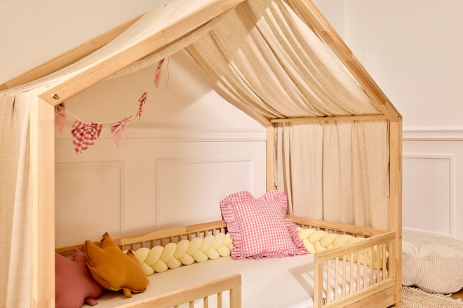 Véu de Cama Casinha - Linho e Musselina Natural - Modelo DK