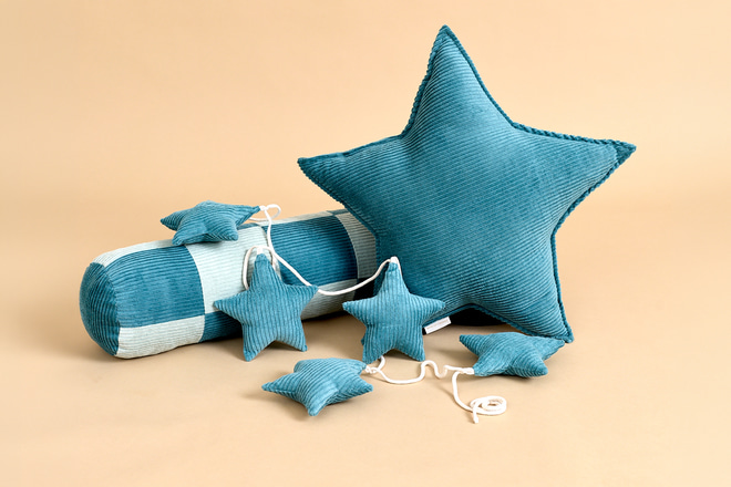 Coussin Étoile en Velours Côtelé Bleu