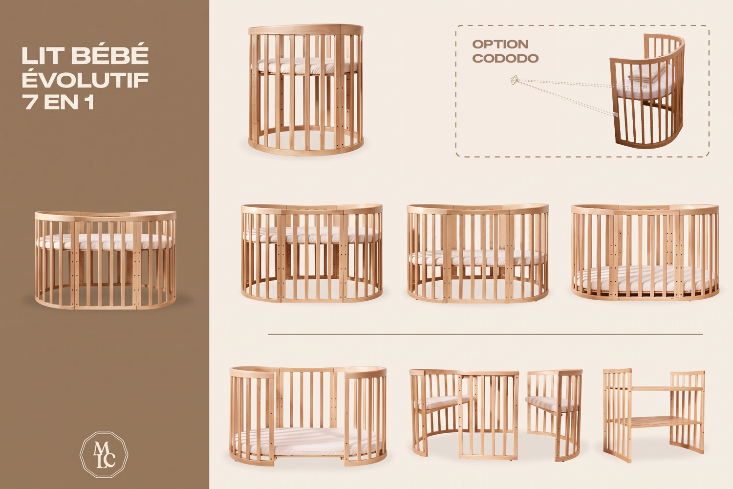 - Berceau Évolutif 7 en 1 Ovale avec Matelas - Naturel - Naturel (Mon Lit Cabane) - Image 12