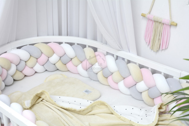 Almond, Pink and Grey Bed Bumper - 4 Ropes