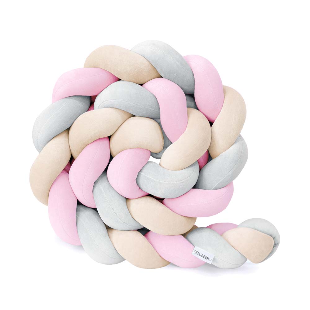 Almond, Pink & Light Grey Bed Bumper - 3 Ropes