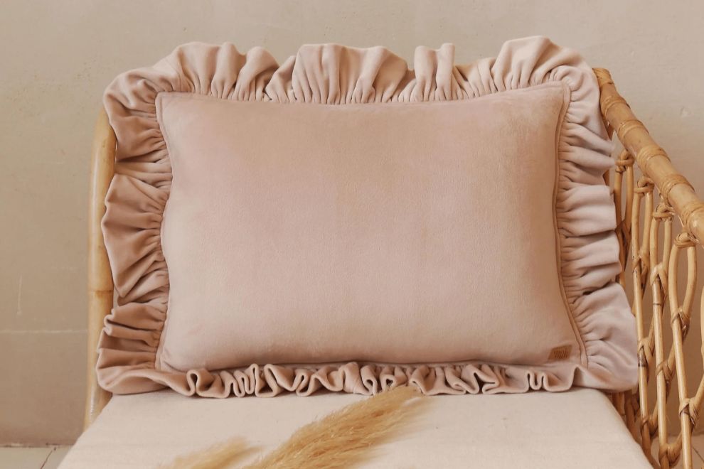 Latte Soft Velour Cushion with Ruffles