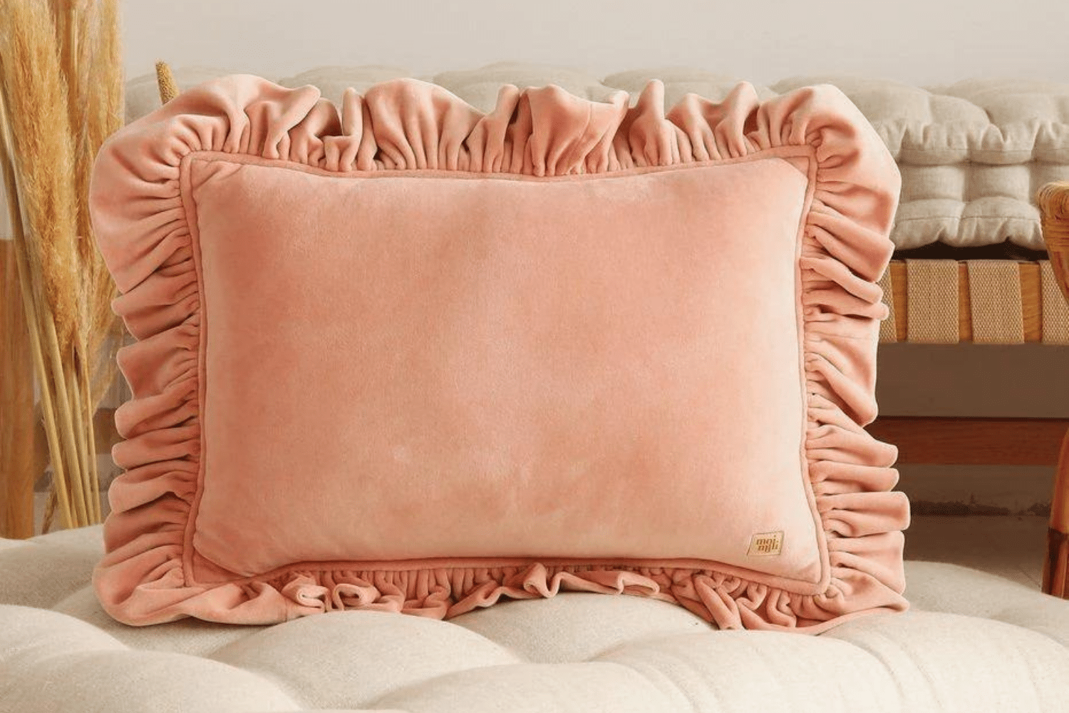 Peach Soft Velour Cushion with Ruffles