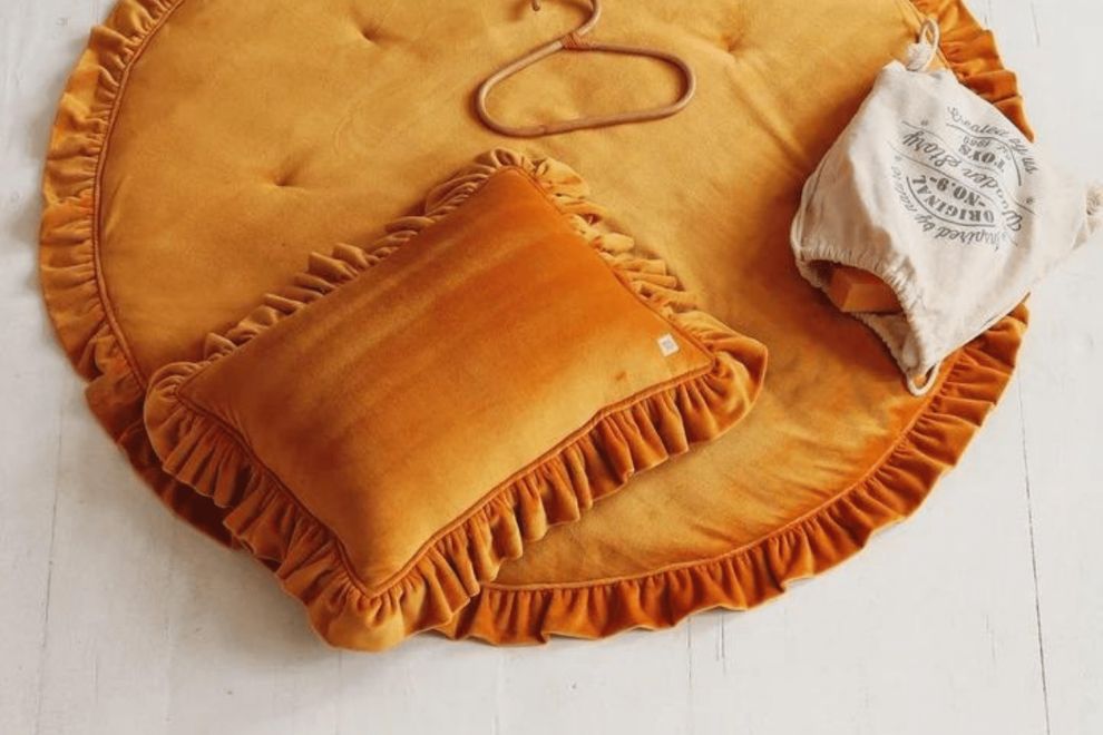 Mustard Soft Velour Cushion with Ruffles