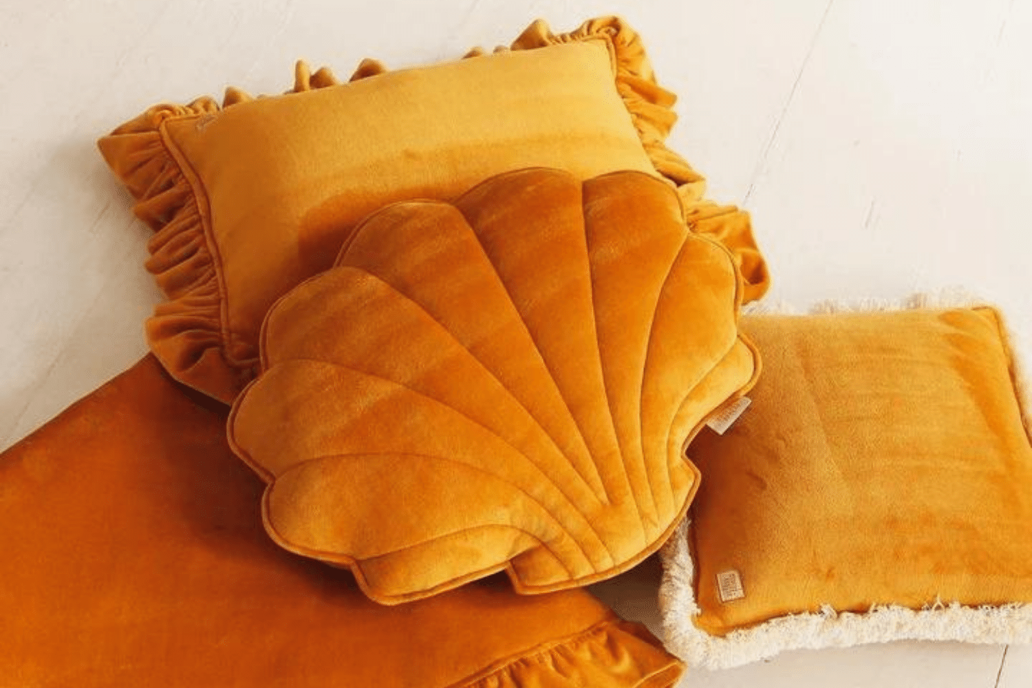 Mustard Soft Velour Cushion with Ruffles