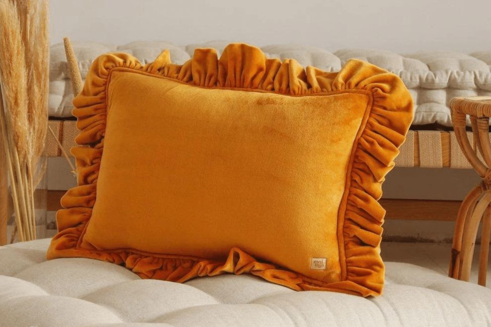 Mustard Soft Velour Cushion with Ruffles
