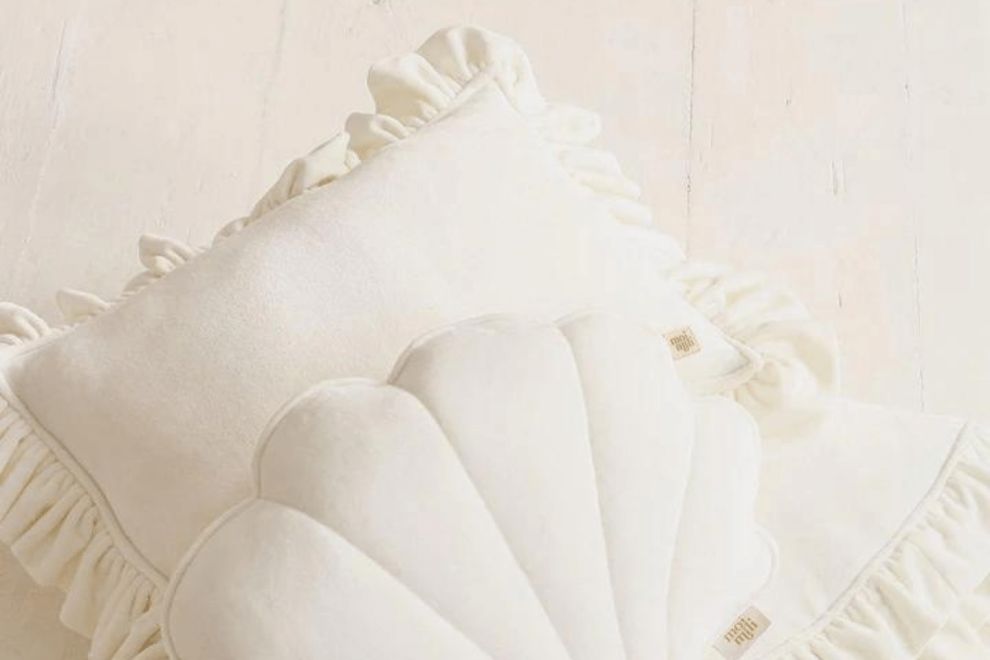 White Soft Velour Cushion with Ruffles