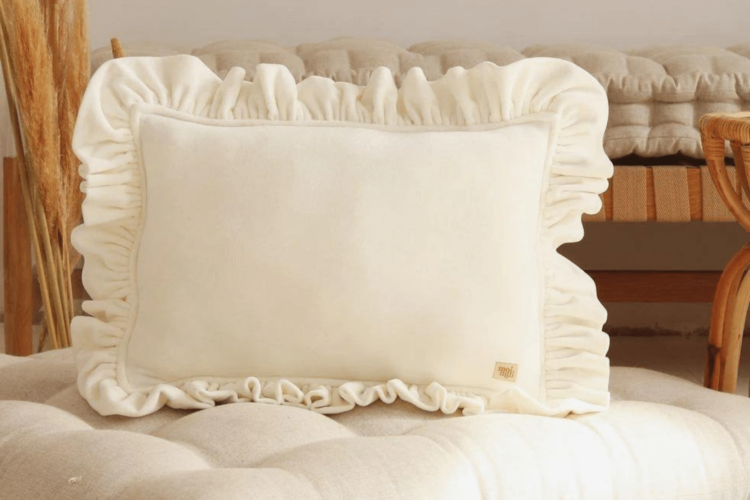 White Soft Velour Cushion with Ruffles