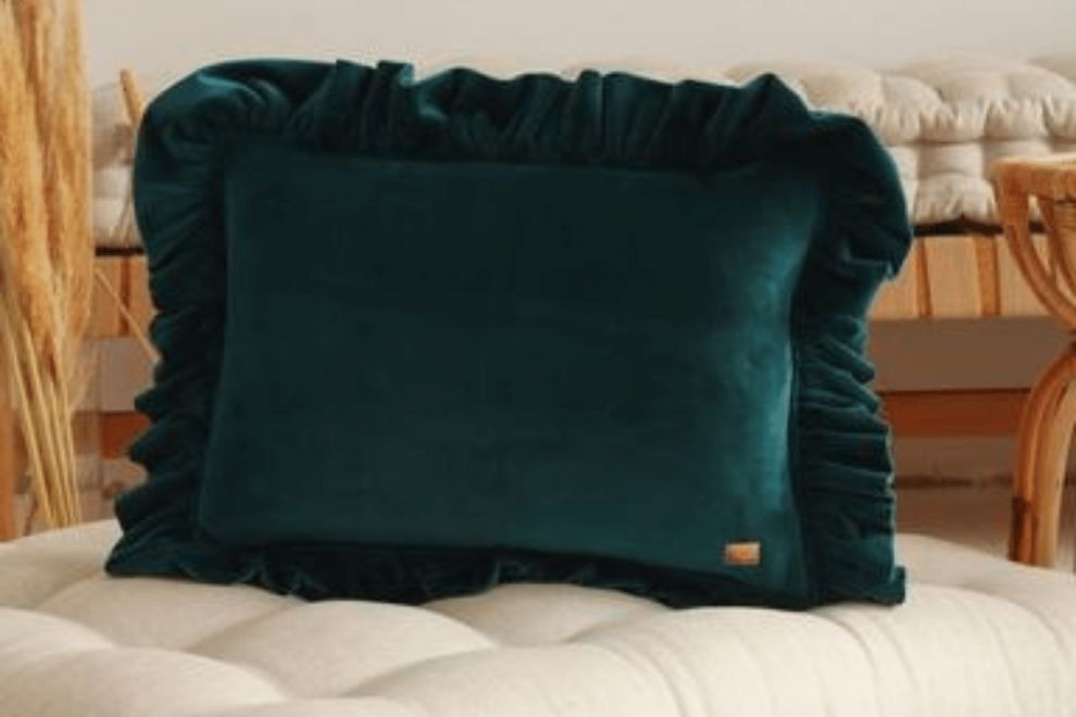 Emerald Soft Velour Cushion with Ruffles