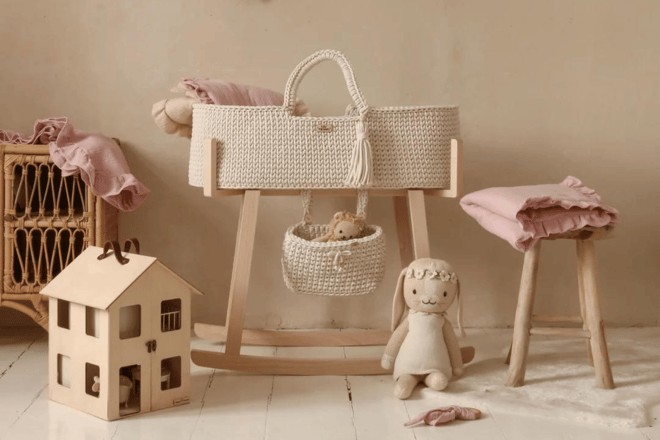 Cesta di Mosè con set materasso, lenzuola e supporto a dondolo - Set completo