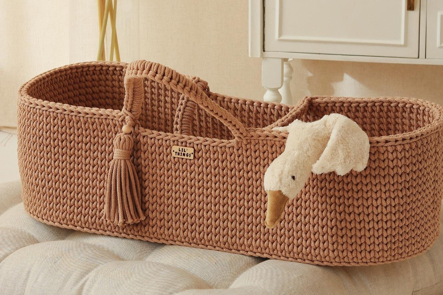 Crochet Moses Basket with Rocking Stand - Mocha