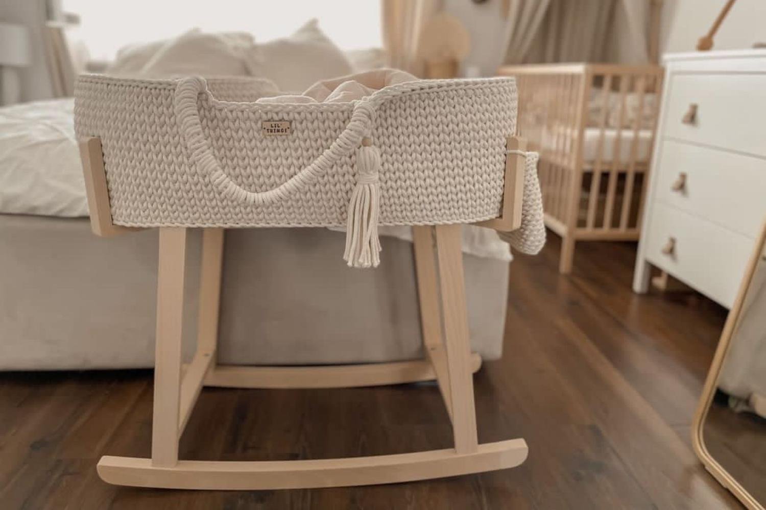 Crochet Moses Basket with Rocking Stand - Natural