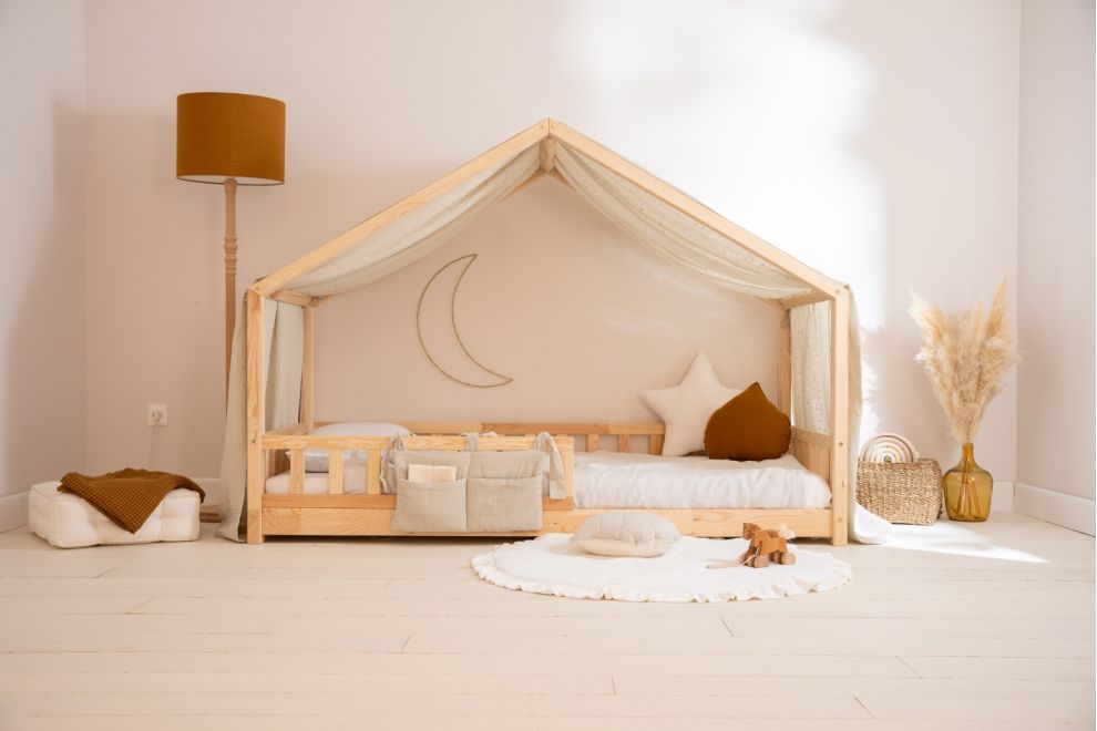 Véu de cama casinha Bege com pontos prateados - Modelo DK