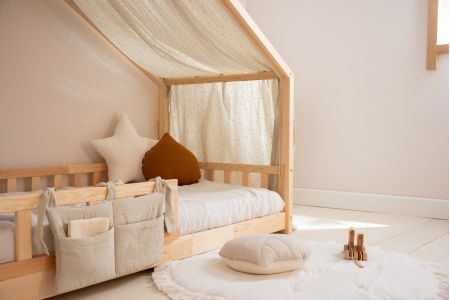 Véu de cama casinha Bege com pontos prateados - Modelo DK