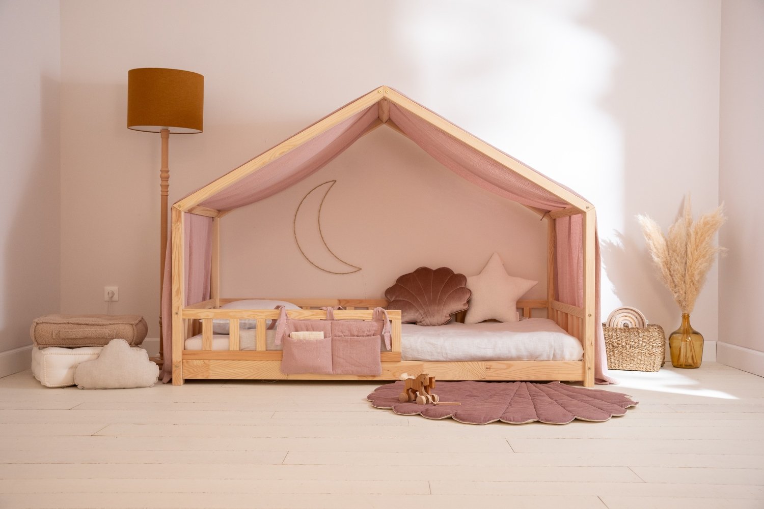 Véu de cama casinha Sépia Rosa com pontos dourados - Modelo DK