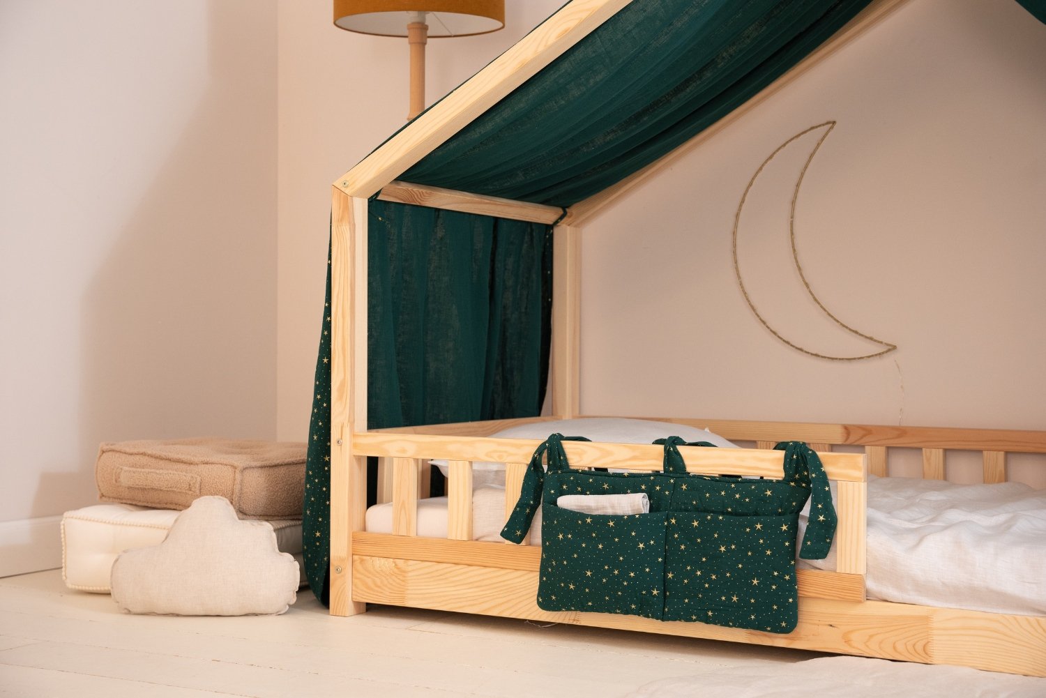 Toile de Lit Cabane Vert Foncé à Étoiles Dorées - Modèle DK