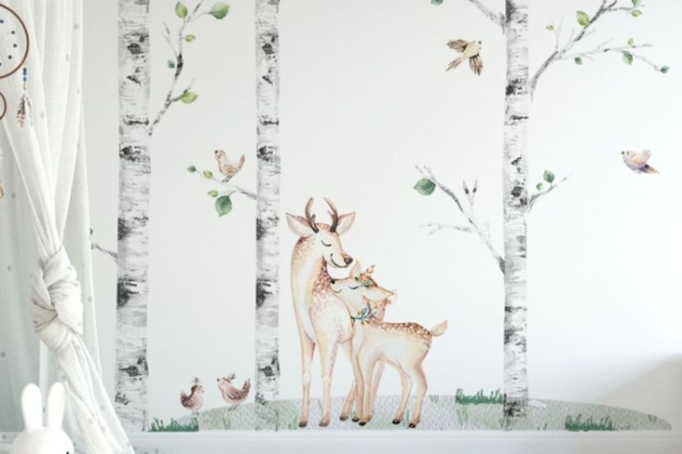 Set Trees Birds Deer and Fawn
