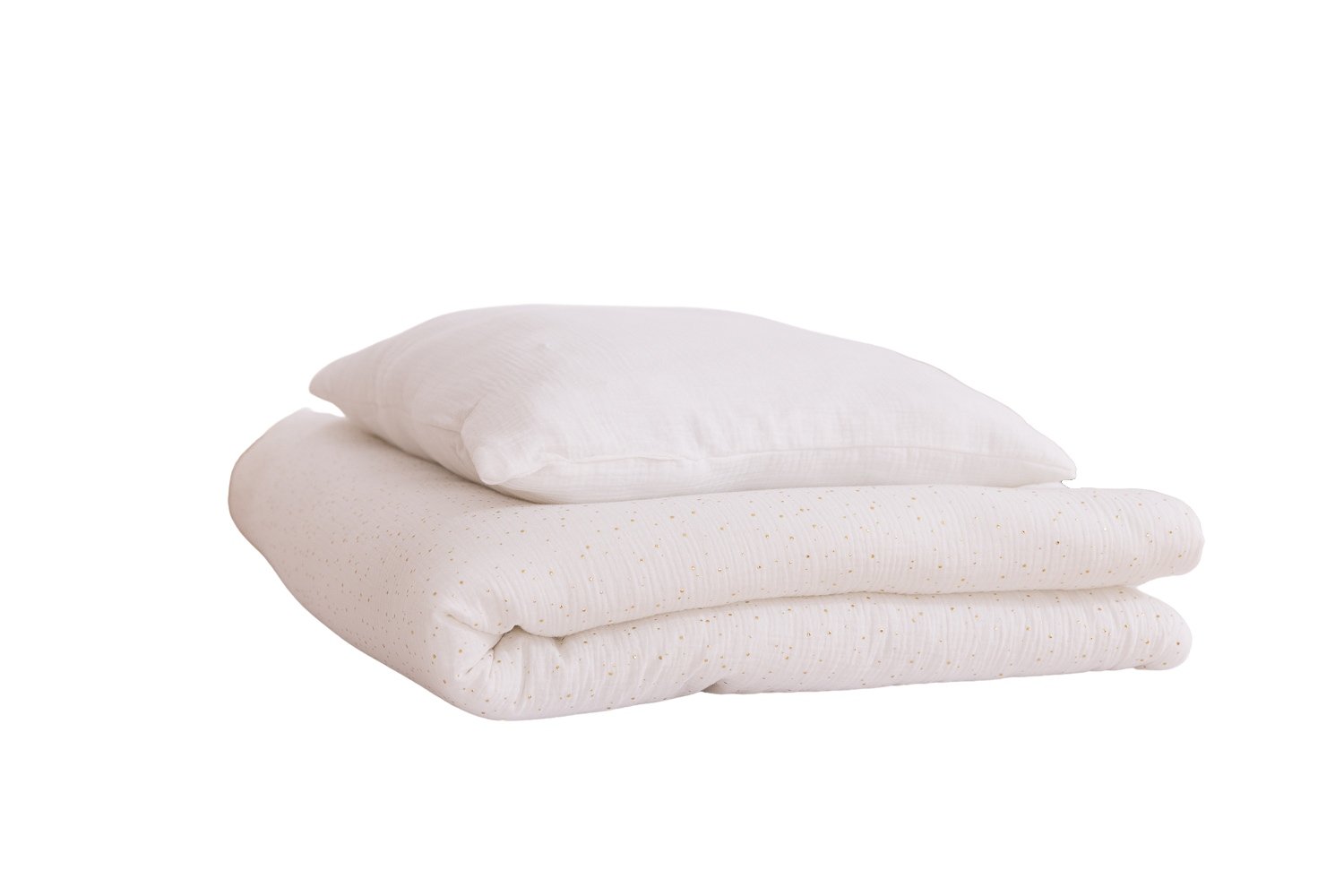 Saldi Estivi - Set piumone e cuscino in mussola di cotone 120x170 - Pois bianchi e oro