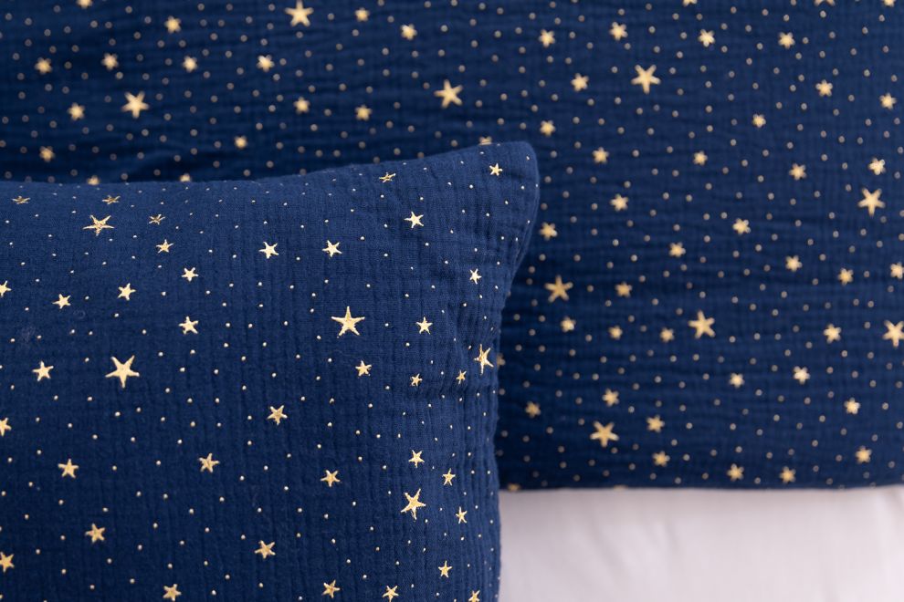 Baumwoll-Musselin 120x170 Bettdecke & Kissen Set - Marineblau mit goldenen Sternen