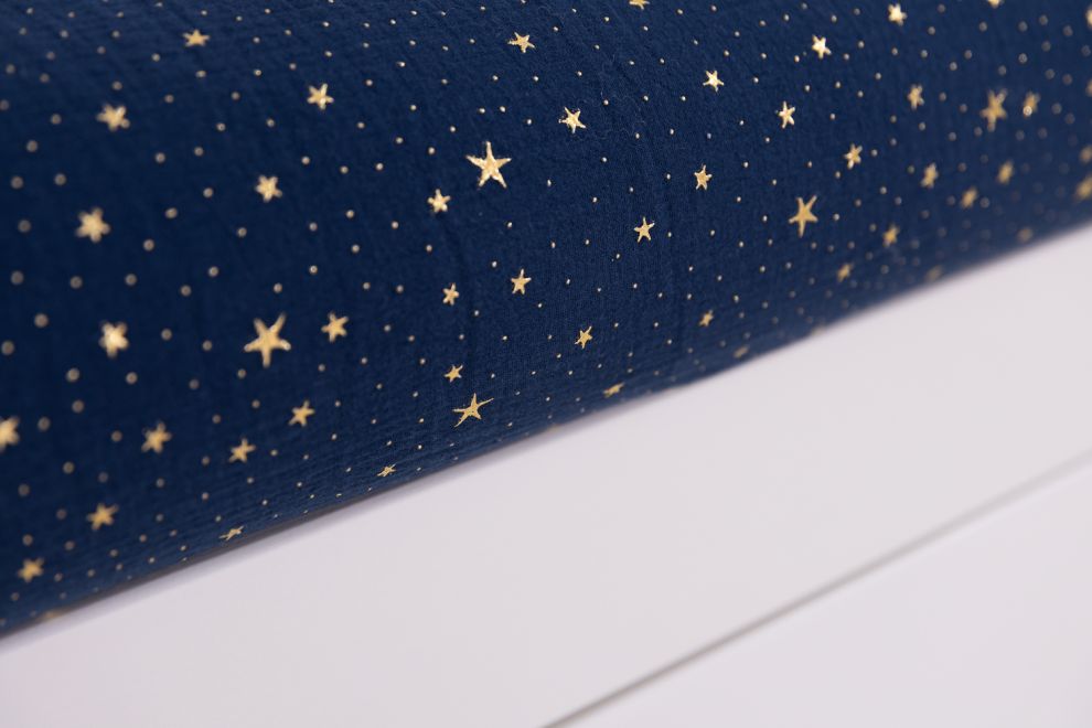 Baumwoll-Musselin 120x170 Bettdecke & Kissen Set - Marineblau mit goldenen Sternen