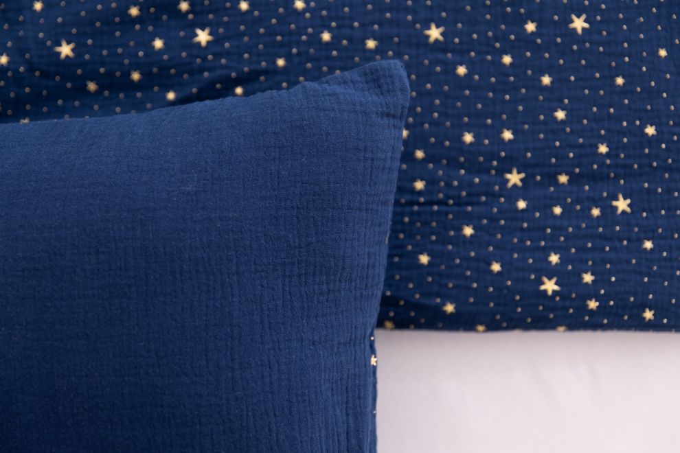 Conjunto de edredão e almofada 120x170 Chiffon de algodão - Azul marinho estrelas douradas