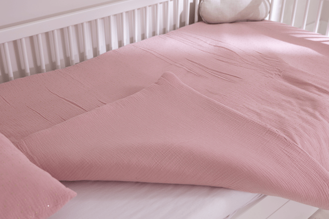 Set piumone e cuscino in mussola di cotone 120x170 - Rosa Salmone a Pois Dorati