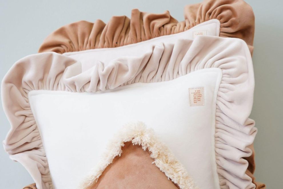 Latte Soft Velour Cushion with Ruffles