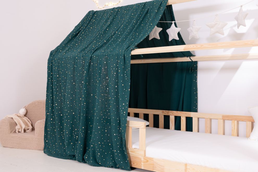 Véu de cama casinha Verde escuro com estrelas douradas - Modelo K