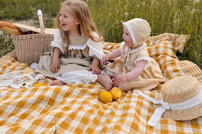 Kariertes Picknickdeckentuch aus Musselin, beidseitig verwendbar
