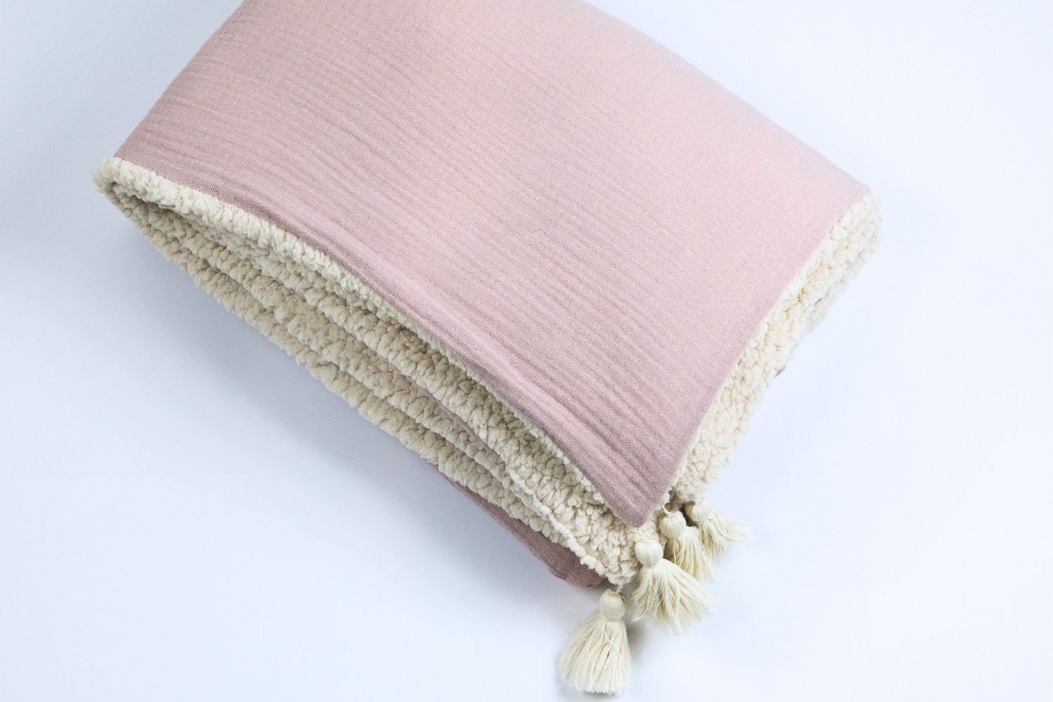 Couverture Double Face Mousseline et Bouclé - Rose Poudré