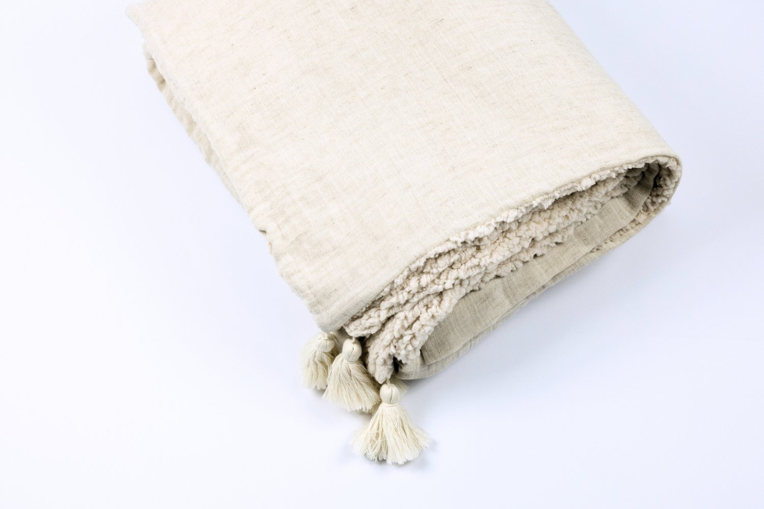 Double Sided Cotton Muslin and Boucle Blanket - Natural