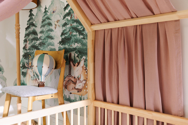 Véu de cama casinha Sépia Rosa com pontos dourados - Modelo L Duplo