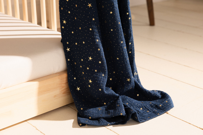 Hausbett-Himmel - Marineblau & Goldsterne - Modell L Doppelt