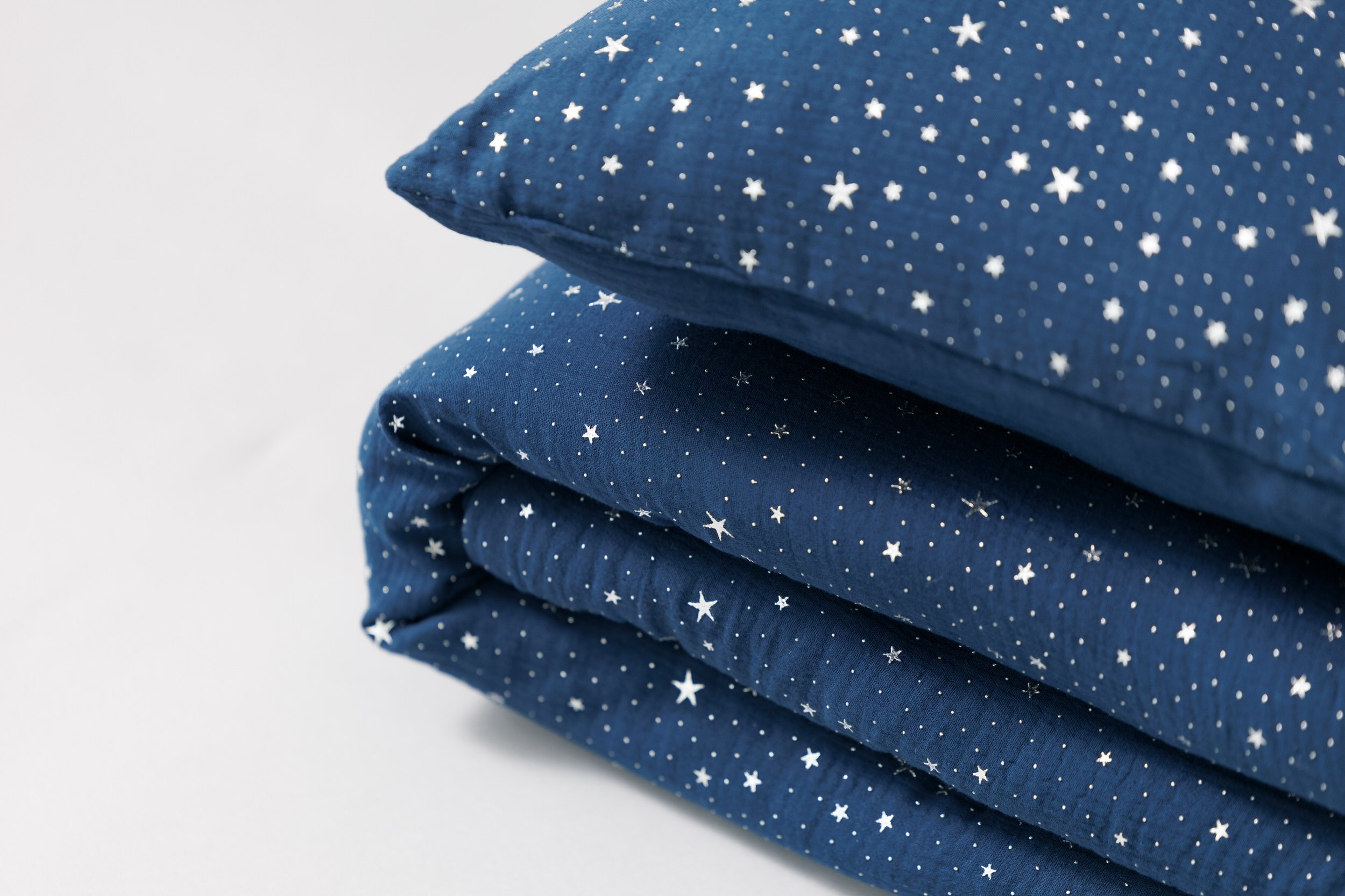 Conjunto de edredão e almofada 120x170 Chiffon de algodão - Azul marinho estrelas prateadas