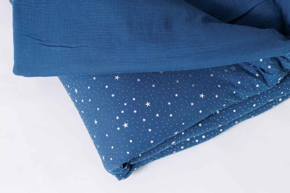 Cotton Muslin 120x170 Duvet & Pillow Set - Marine Blue & Silver Stars