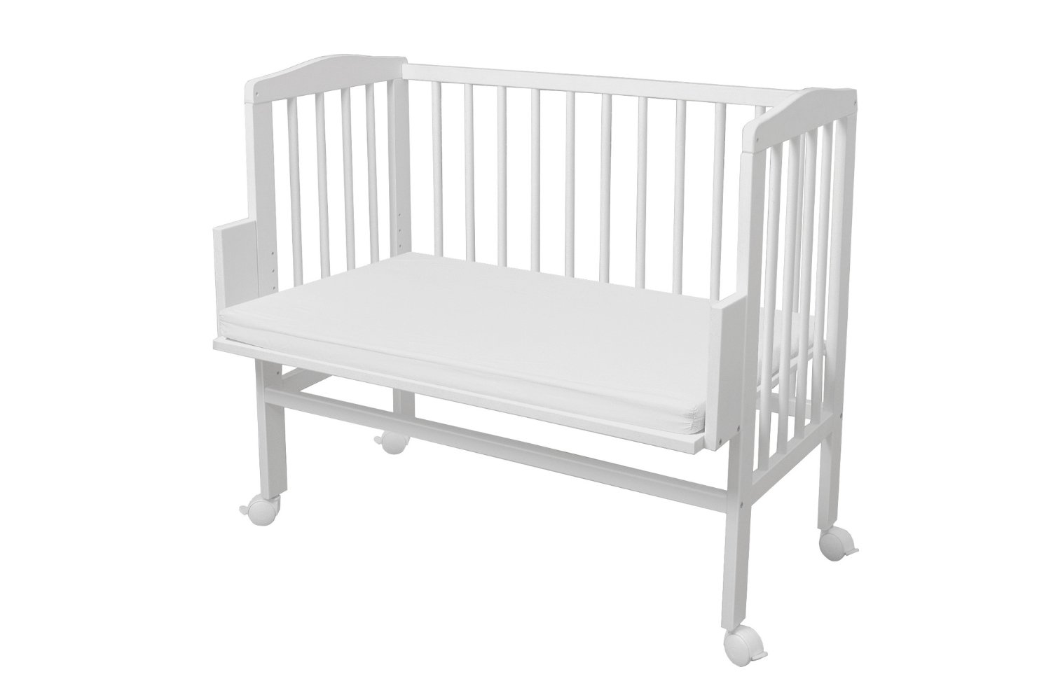 White Bedside Crib with Mattress and Bed Bumper