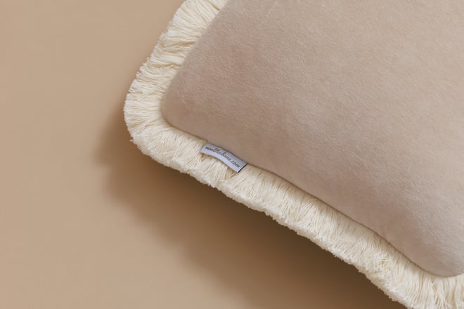 Rectangular Velour Fringed Cushion - Beige