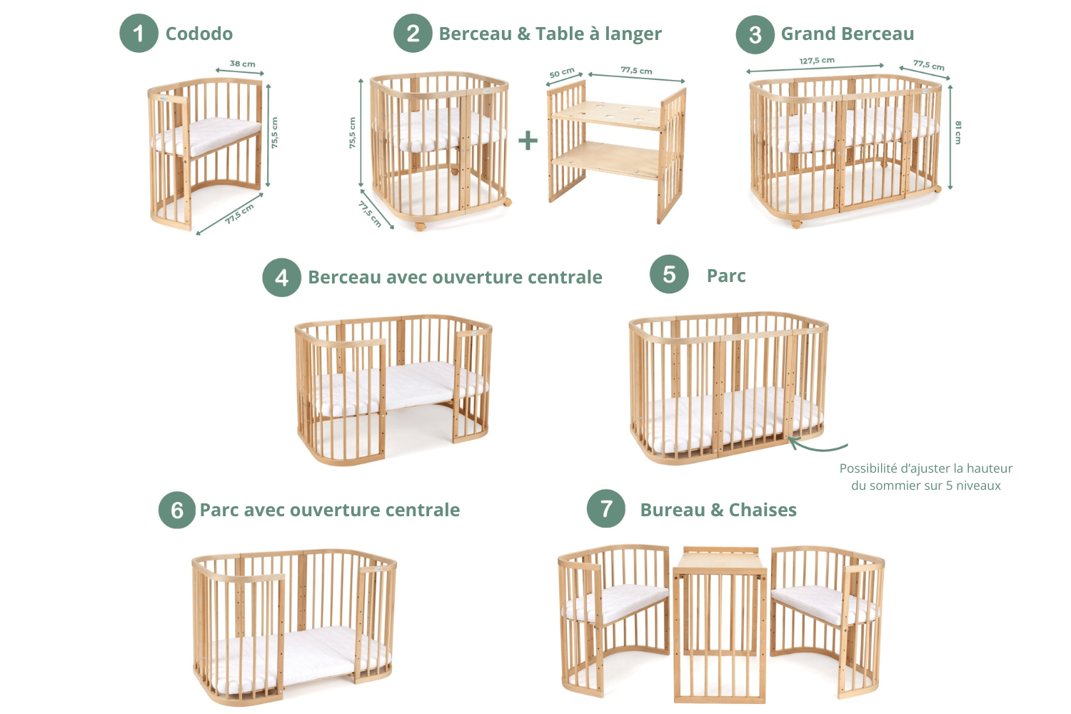 - Berceau Évolutif Rectangulaire 7 en 1 avec Matelas - Naturel - Naturel (Mon Lit Cabane) - Image 19