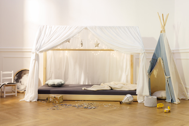 Tela Cama Casita Boho Twist Blanco  - Modelo L Doble