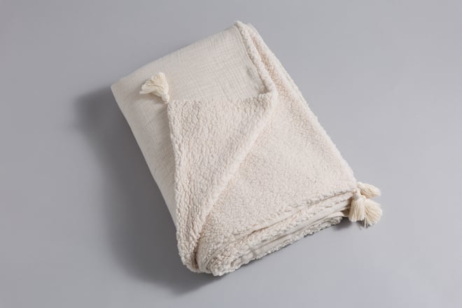 Manta de Muselina de Algodón y Bouclé de Doble Cara - Natural