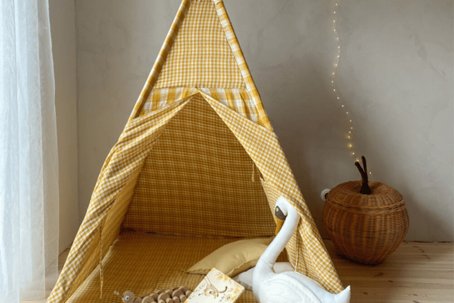 Tipi aus Double-Face-Musselin mit Karomuster - Honig