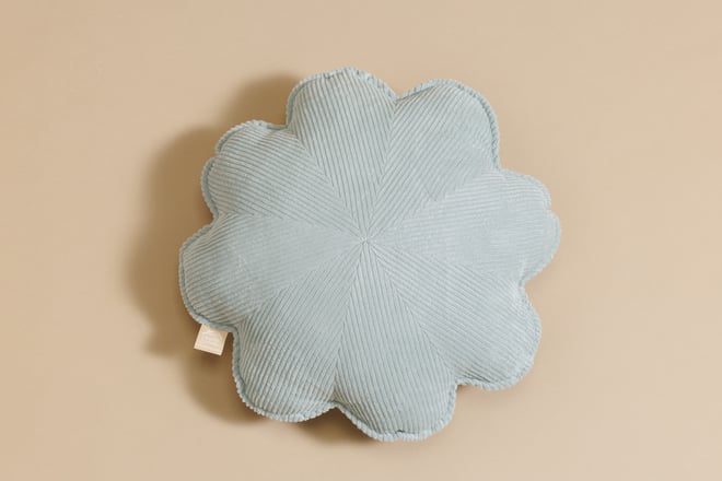 Coussin Fleur en Velours Côtelé Vert d'eau